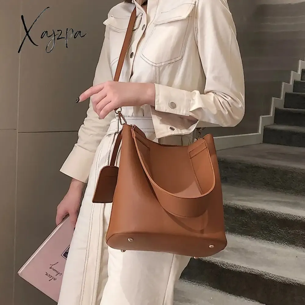 Xajzpa - 2piece/set Fashion Designer Pu Leather Women&#39;s Handbags Good Casual Ladies Tote Female Black Bucket Women Shoulder Crossbody Bag