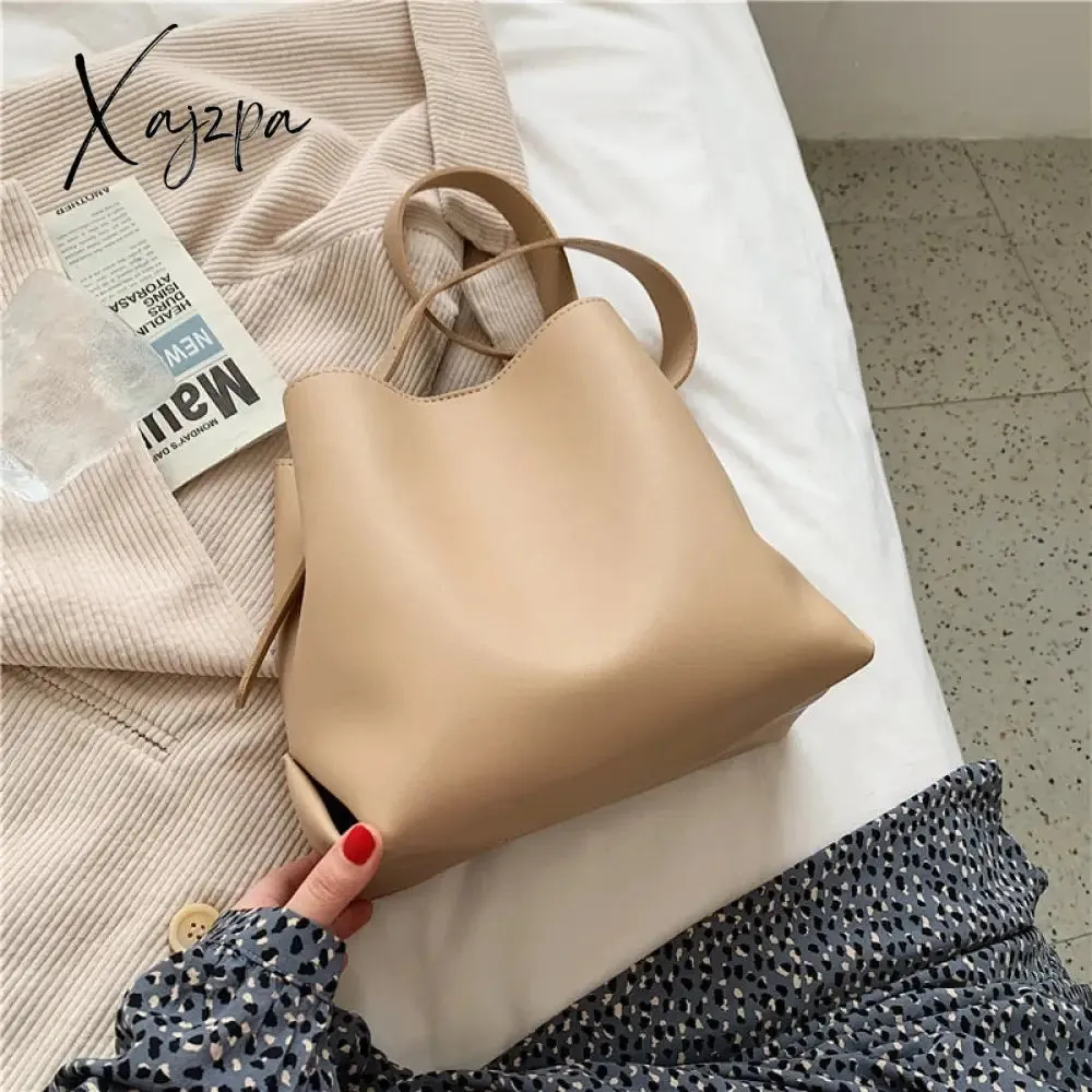 Xajzpa - PU Leather Women Bucket Shoulder Bag Brand Luxury Solid Color ladies Handbags Casual Female Crossbody bags bolsas totes