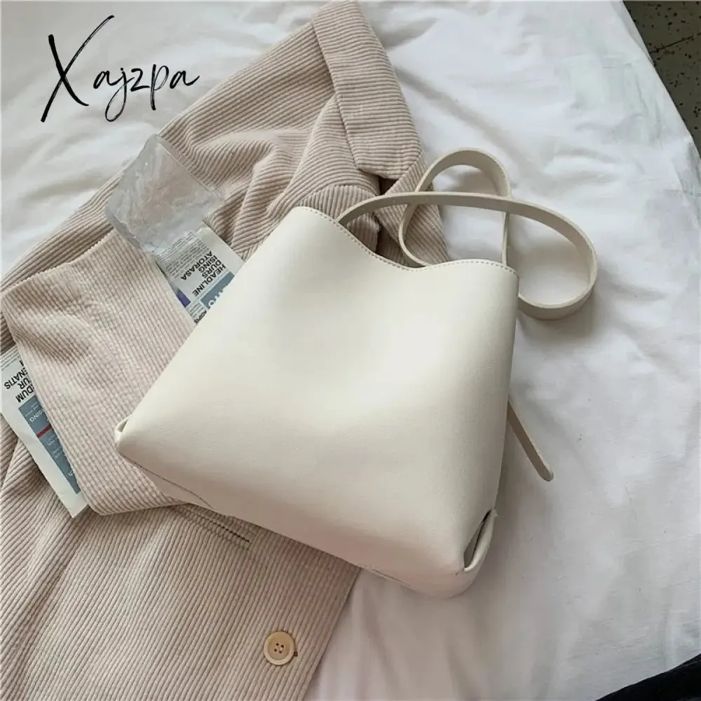 Xajzpa - PU Leather Women Bucket Shoulder Bag Brand Luxury Solid Color ladies Handbags Casual Female Crossbody bags bolsas totes