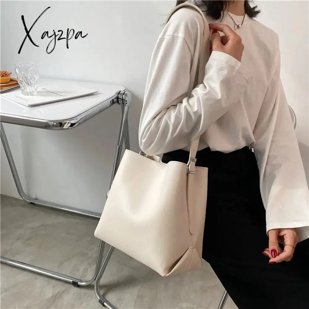 Xajzpa - PU Leather Women Bucket Shoulder Bag Brand Luxury Solid Color ladies Handbags Casual Female Crossbody bags bolsas totes