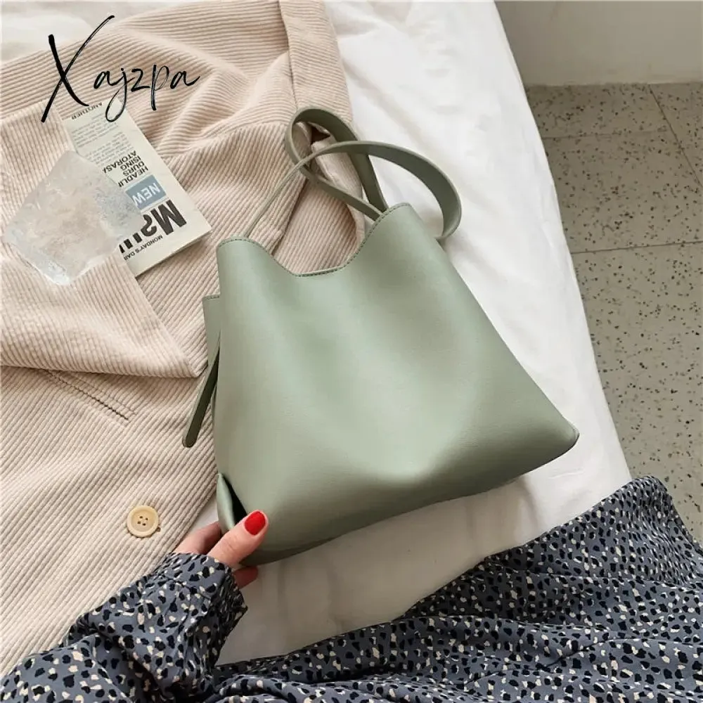 Xajzpa - PU Leather Women Bucket Shoulder Bag Brand Luxury Solid Color ladies Handbags Casual Female Crossbody bags bolsas totes