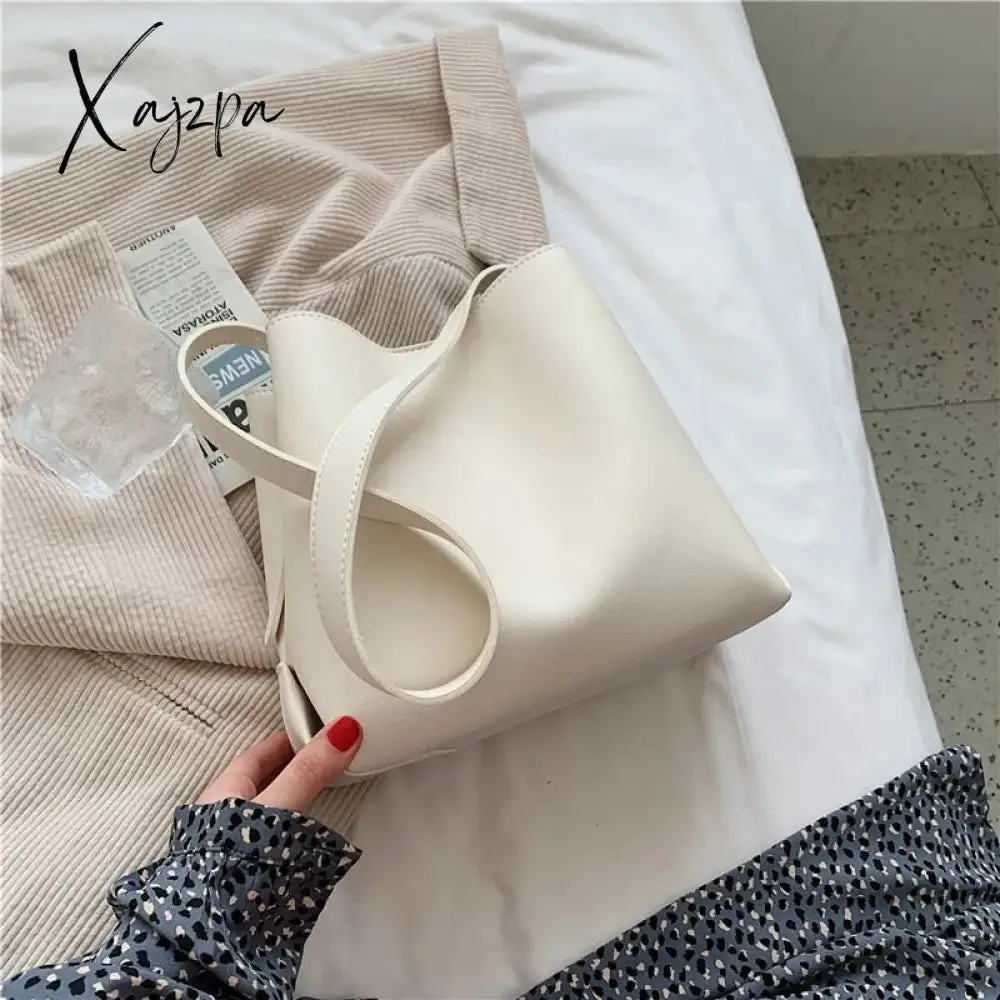 Xajzpa - PU Leather Women Bucket Shoulder Bag Brand Luxury Solid Color ladies Handbags Casual Female Crossbody bags bolsas totes