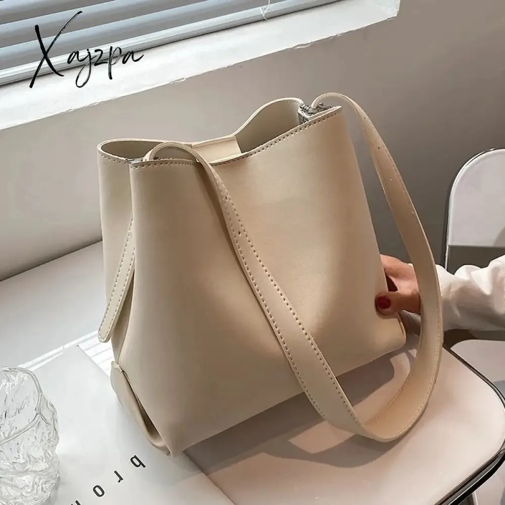 Xajzpa - PU Leather Women Bucket Shoulder Bag Brand Luxury Solid Color ladies Handbags Casual Female Crossbody bags bolsas totes