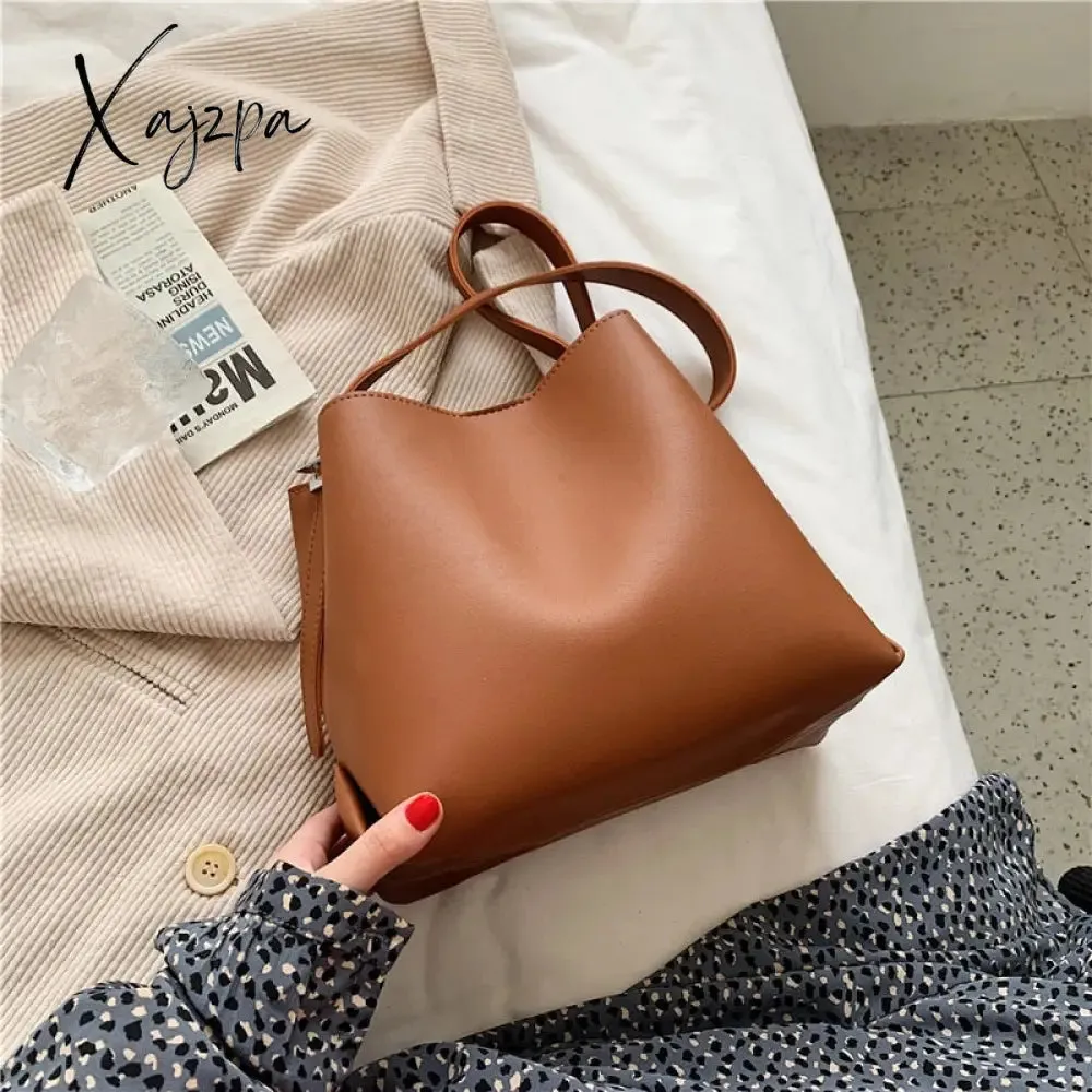 Xajzpa - PU Leather Women Bucket Shoulder Bag Brand Luxury Solid Color ladies Handbags Casual Female Crossbody bags bolsas totes