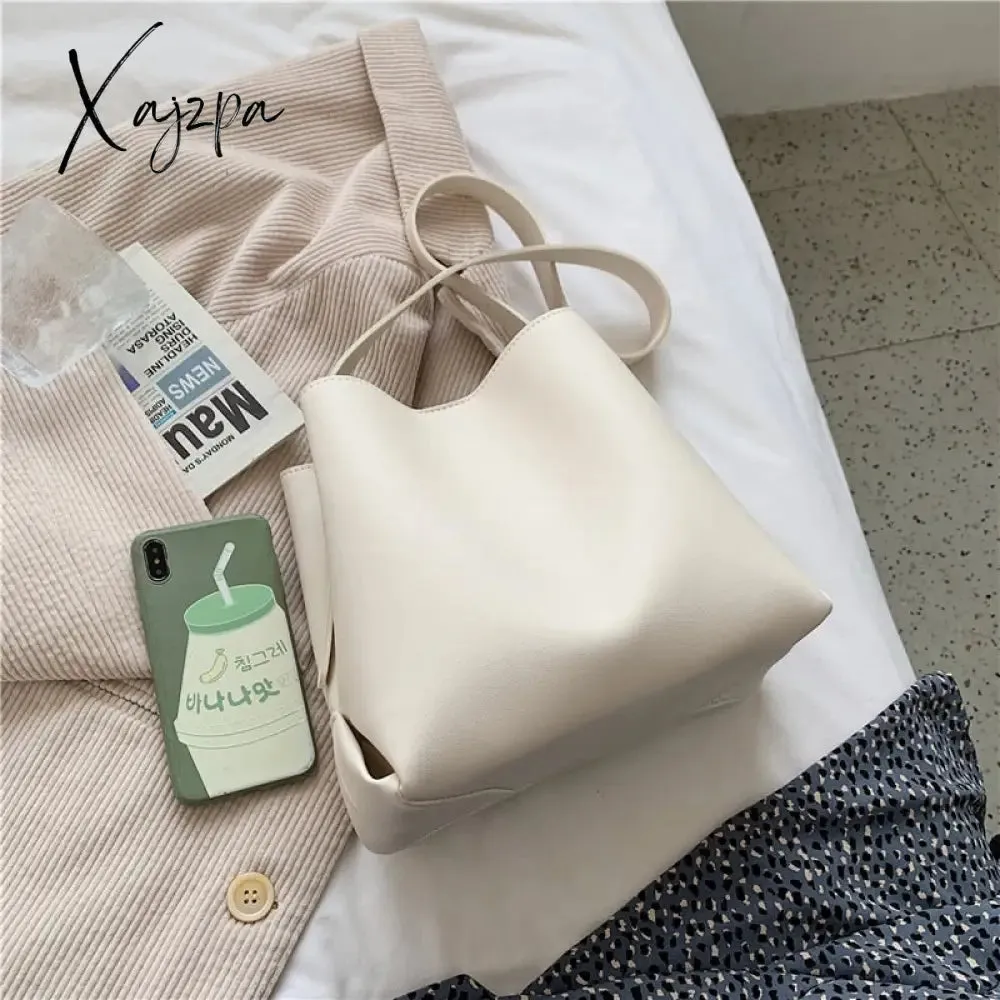 Xajzpa - PU Leather Women Bucket Shoulder Bag Brand Luxury Solid Color ladies Handbags Casual Female Crossbody bags bolsas totes