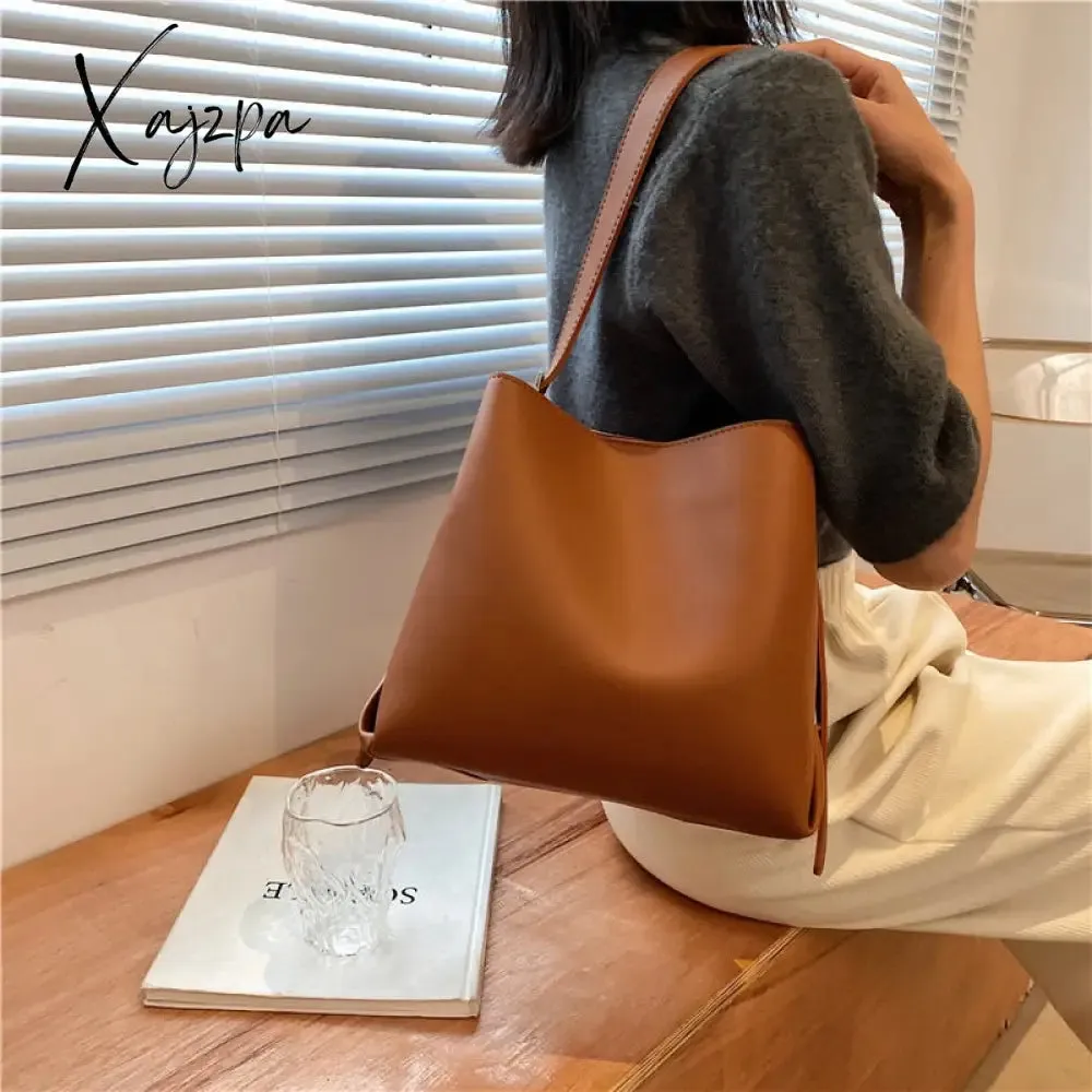 Xajzpa - PU Leather Women Bucket Shoulder Bag Brand Luxury Solid Color ladies Handbags Casual Female Crossbody bags bolsas totes