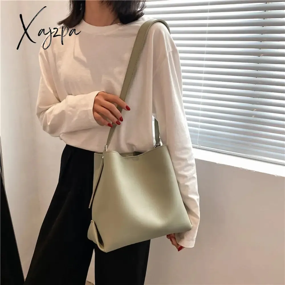 Xajzpa - PU Leather Women Bucket Shoulder Bag Brand Luxury Solid Color ladies Handbags Casual Female Crossbody bags bolsas totes