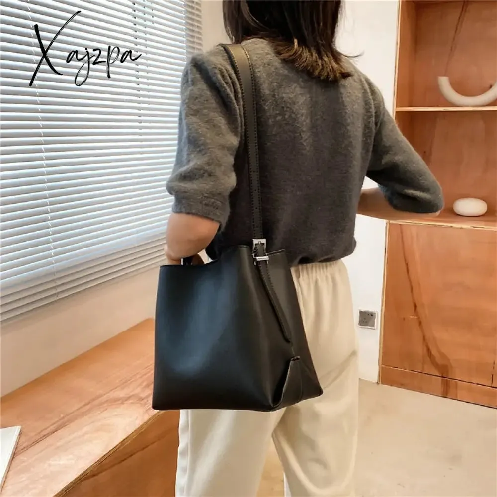 Xajzpa - PU Leather Women Bucket Shoulder Bag Brand Luxury Solid Color ladies Handbags Casual Female Crossbody bags bolsas totes