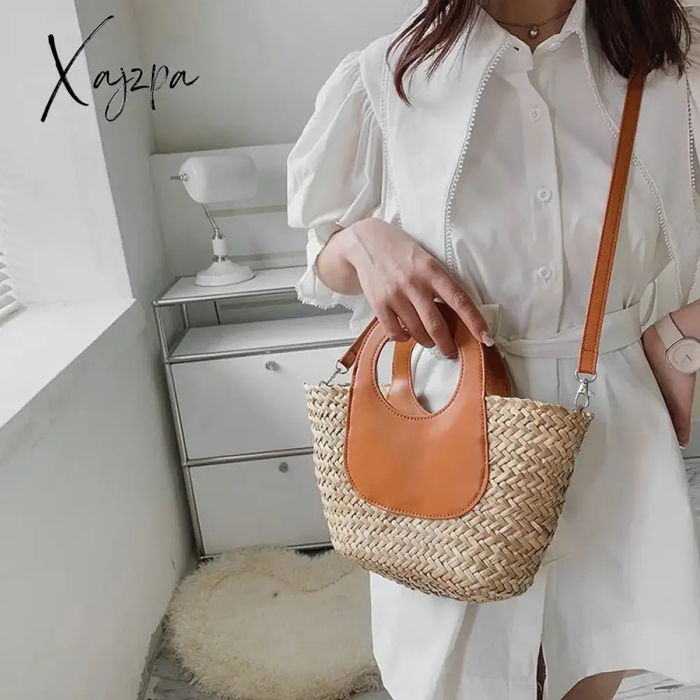 Xajzpa - Straw Summer Beach Bag Women Vintage Handmade Woven Shoulder Bag Shell Fashion Tote Vacation Casual Bucket Bag