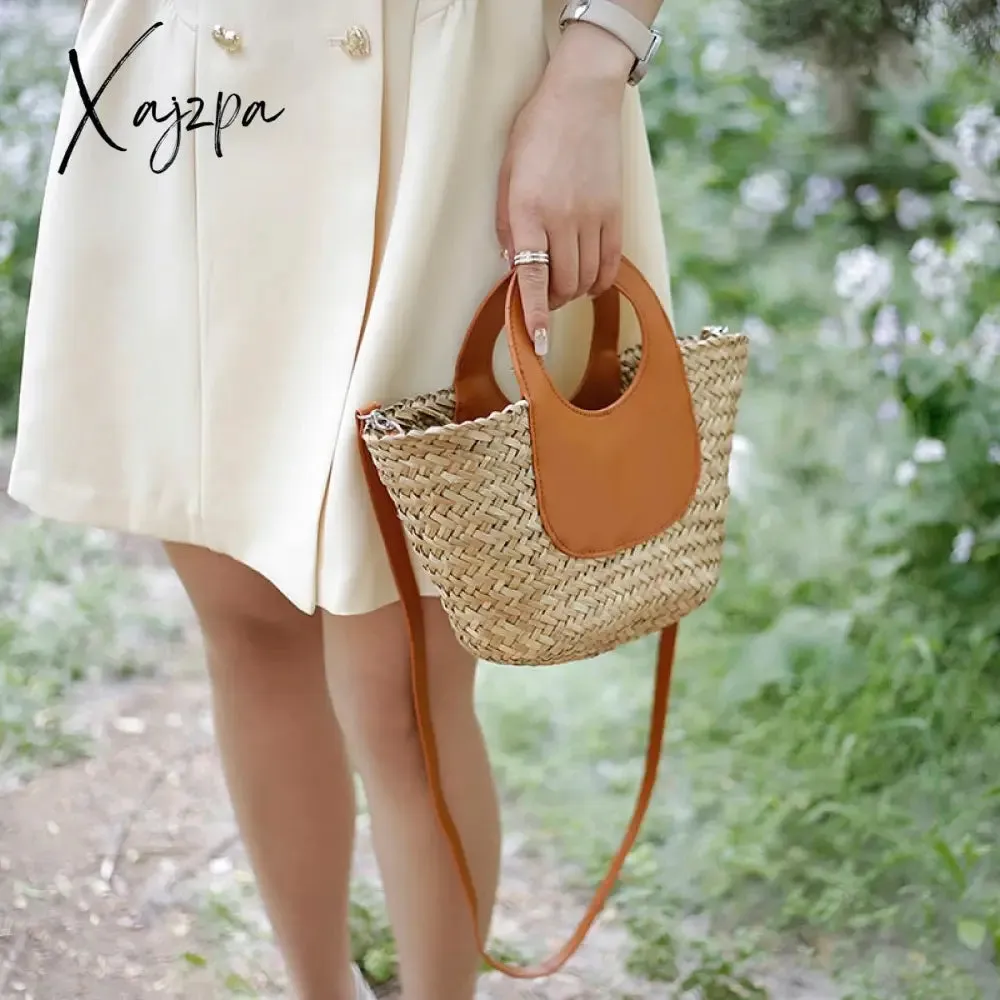 Xajzpa - Straw Summer Beach Bag Women Vintage Handmade Woven Shoulder Bag Shell Fashion Tote Vacation Casual Bucket Bag