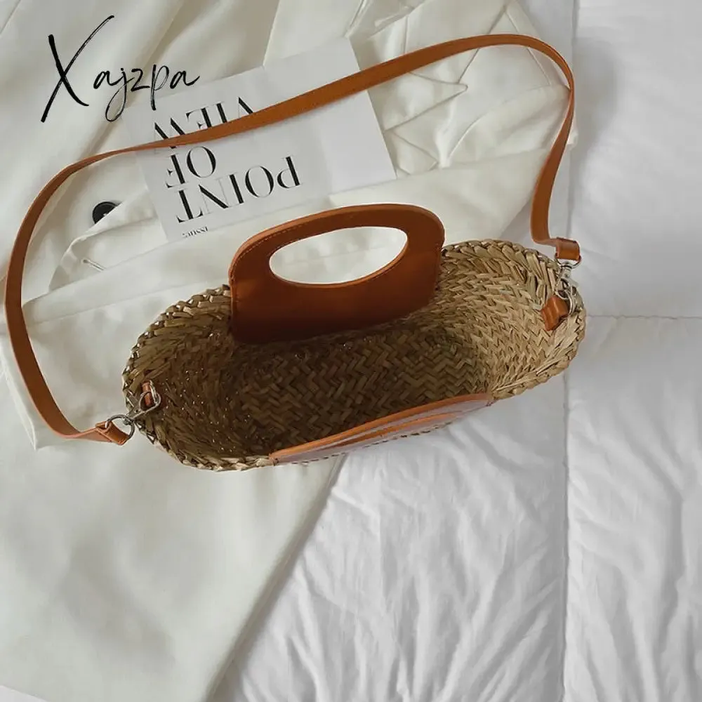 Xajzpa - Straw Summer Beach Bag Women Vintage Handmade Woven Shoulder Bag Shell Fashion Tote Vacation Casual Bucket Bag