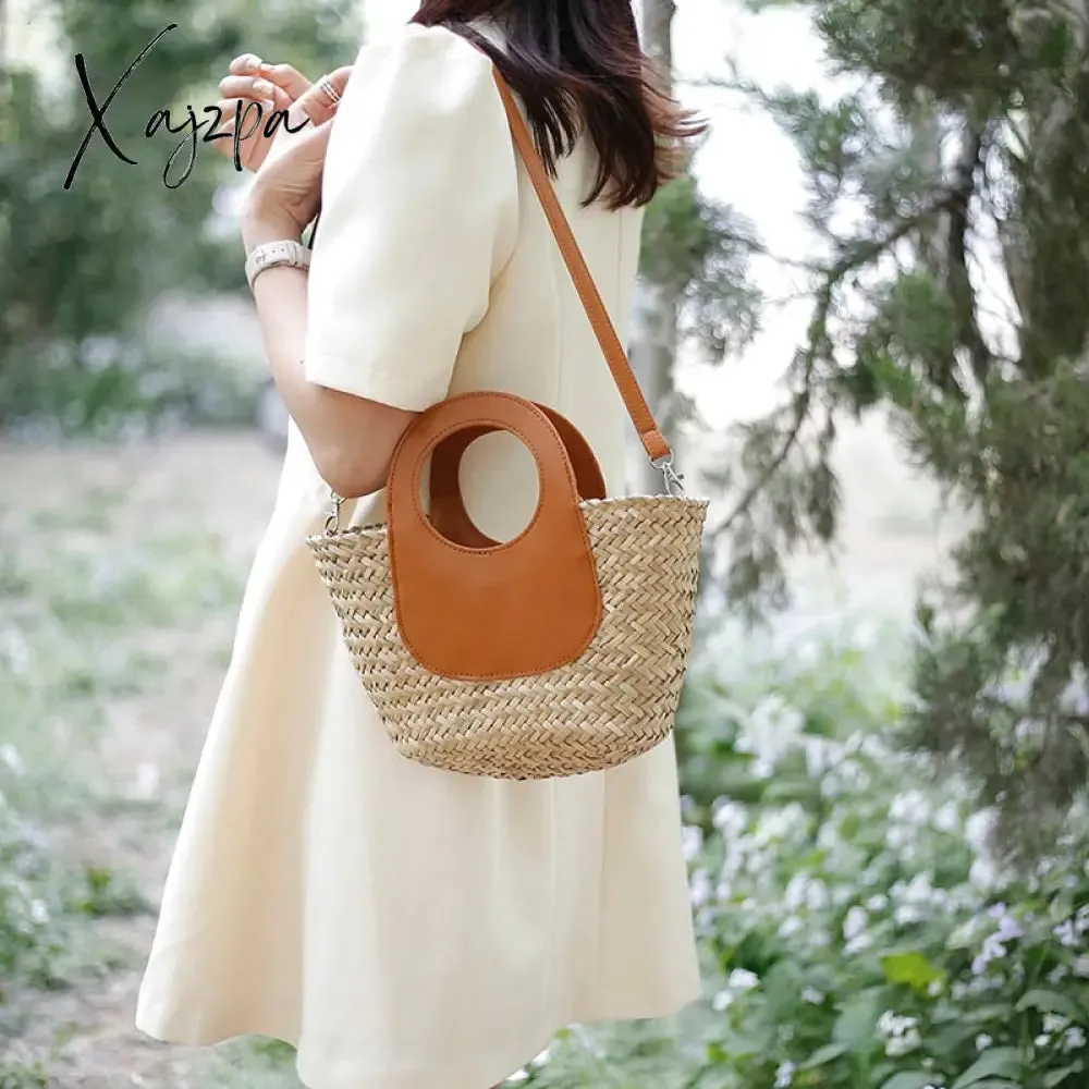 Xajzpa - Straw Summer Beach Bag Women Vintage Handmade Woven Shoulder Bag Shell Fashion Tote Vacation Casual Bucket Bag