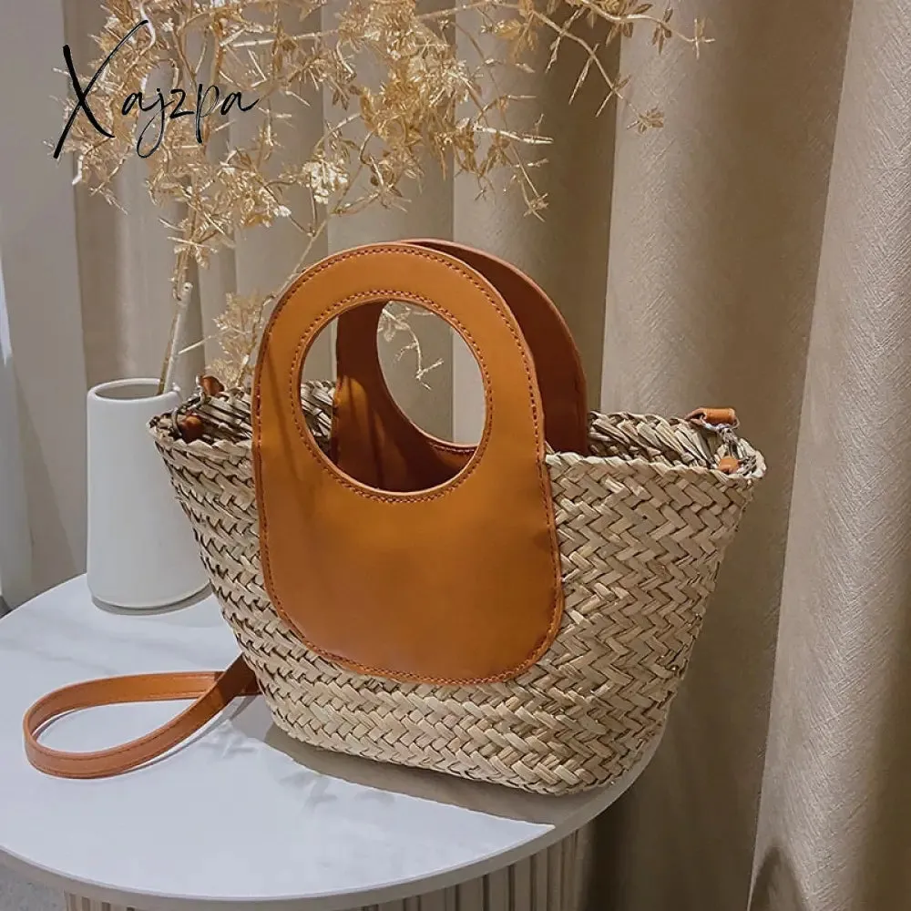 Xajzpa - Straw Summer Beach Bag Women Vintage Handmade Woven Shoulder Bag Shell Fashion Tote Vacation Casual Bucket Bag