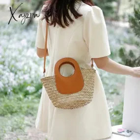 Xajzpa - Straw Summer Beach Bag Women Vintage Handmade Woven Shoulder Bag Shell Fashion Tote Vacation Casual Bucket Bag