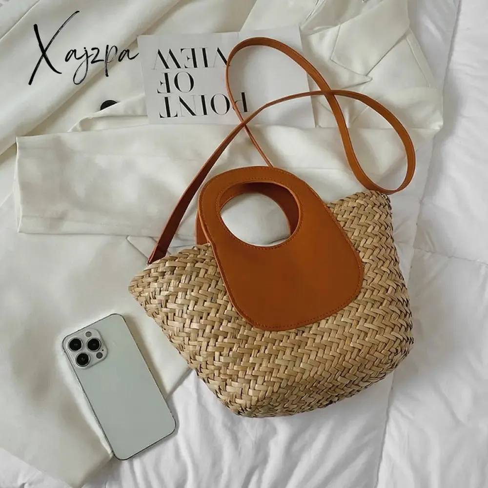 Xajzpa - Straw Summer Beach Bag Women Vintage Handmade Woven Shoulder Bag Shell Fashion Tote Vacation Casual Bucket Bag