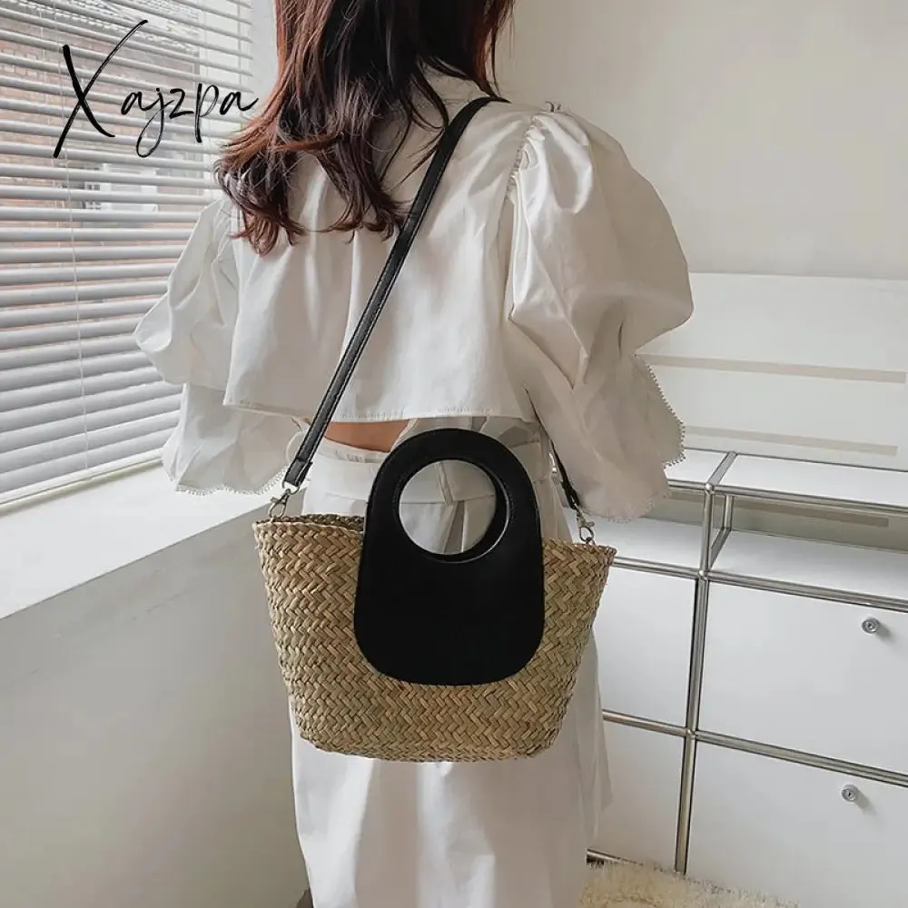 Xajzpa - Straw Summer Beach Bag Women Vintage Handmade Woven Shoulder Bag Shell Fashion Tote Vacation Casual Bucket Bag