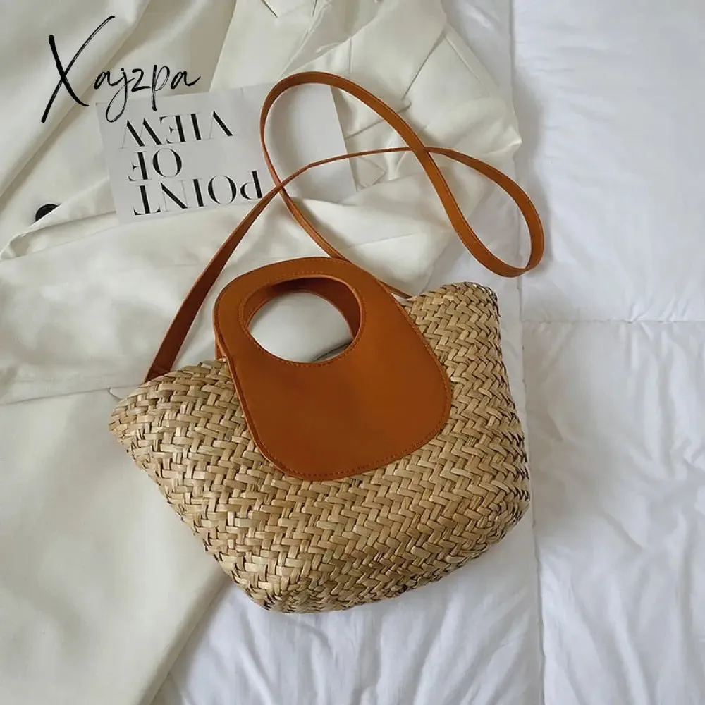 Xajzpa - Straw Summer Beach Bag Women Vintage Handmade Woven Shoulder Bag Shell Fashion Tote Vacation Casual Bucket Bag