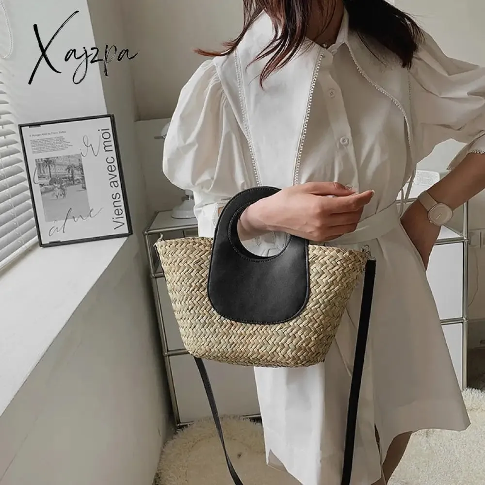 Xajzpa - Straw Summer Beach Bag Women Vintage Handmade Woven Shoulder Bag Shell Fashion Tote Vacation Casual Bucket Bag