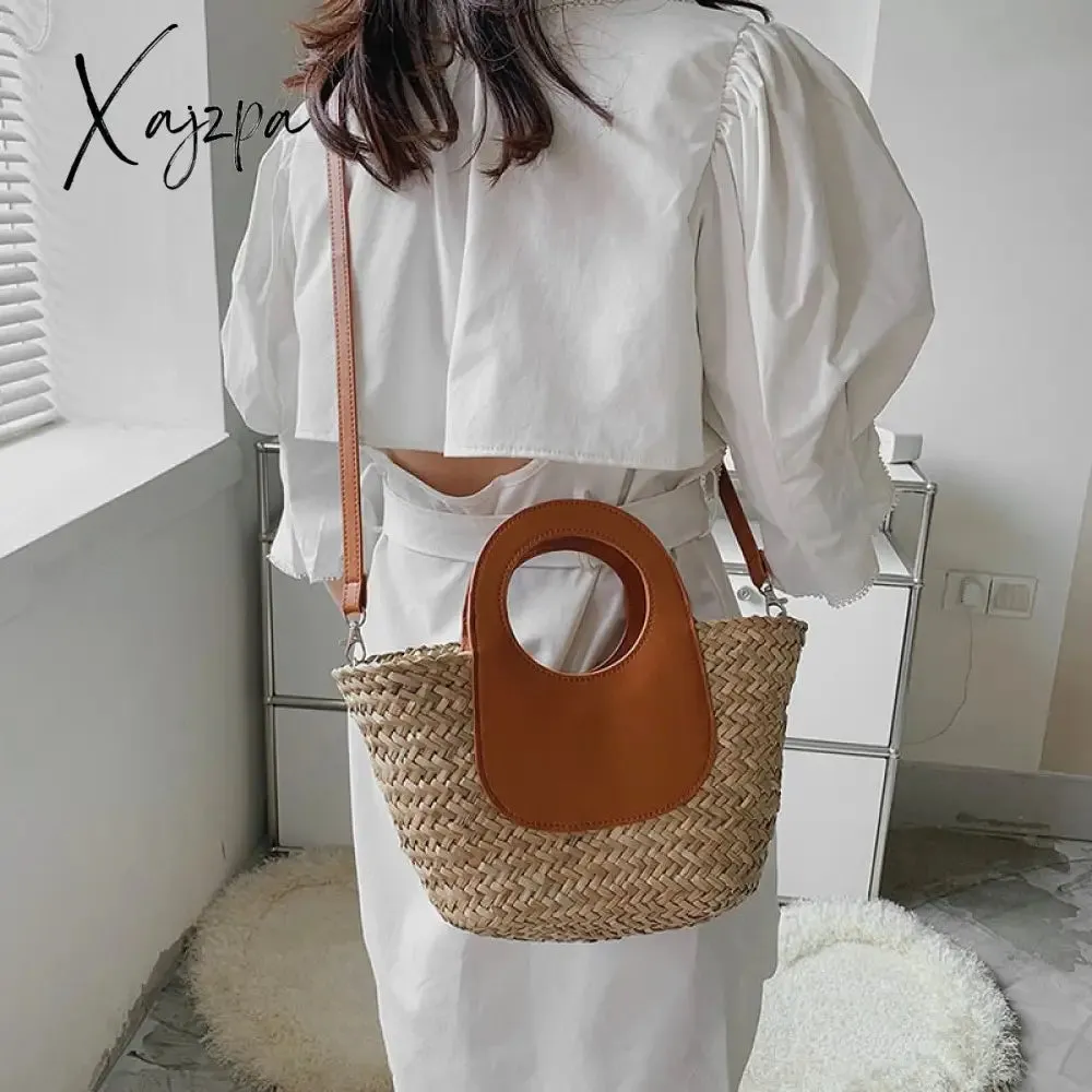 Xajzpa - Straw Summer Beach Bag Women Vintage Handmade Woven Shoulder Bag Shell Fashion Tote Vacation Casual Bucket Bag