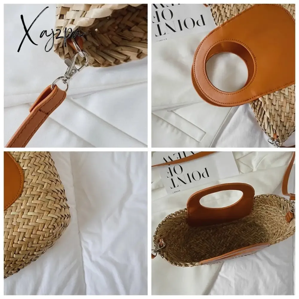 Xajzpa - Straw Summer Beach Bag Women Vintage Handmade Woven Shoulder Bag Shell Fashion Tote Vacation Casual Bucket Bag