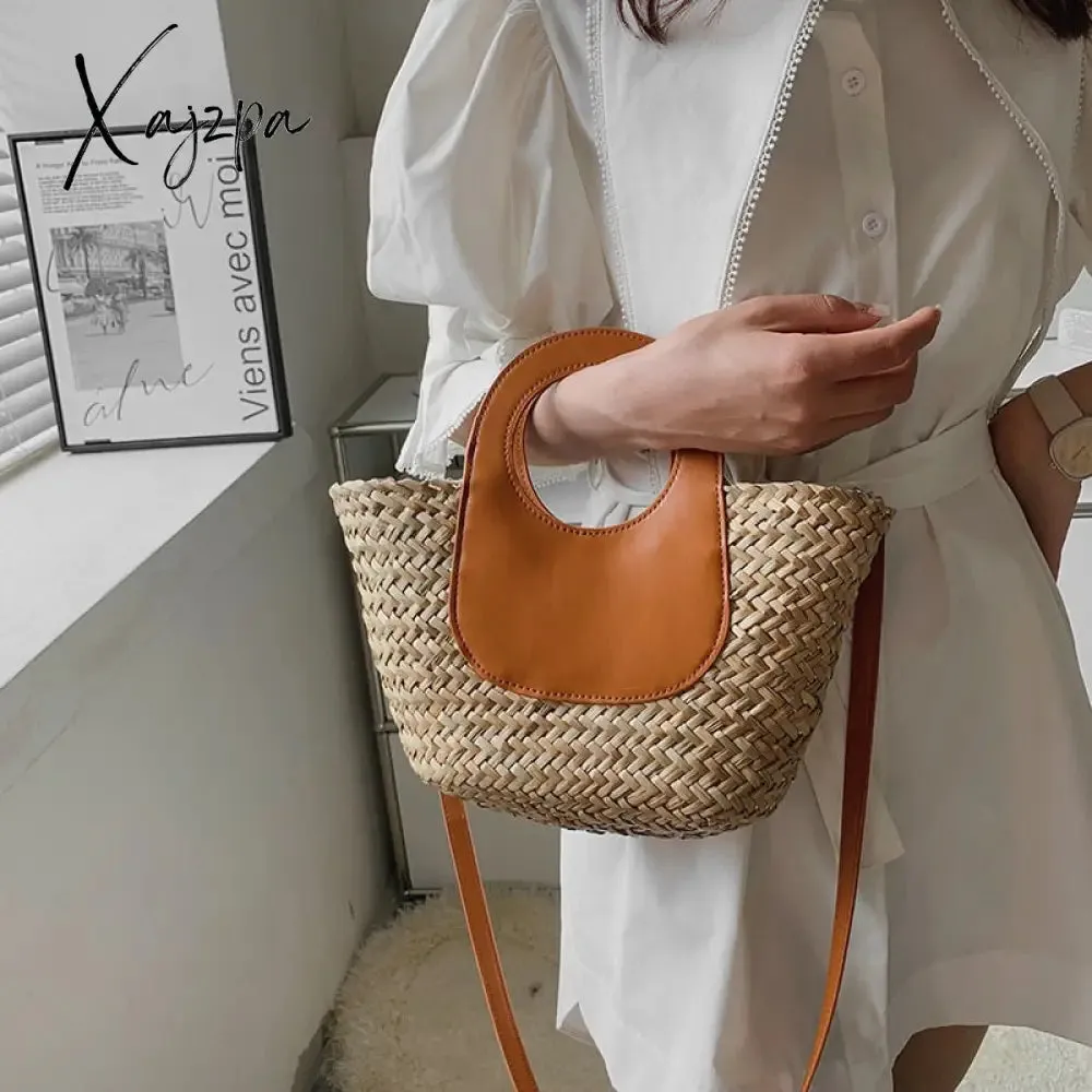 Xajzpa - Straw Summer Beach Bag Women Vintage Handmade Woven Shoulder Bag Shell Fashion Tote Vacation Casual Bucket Bag