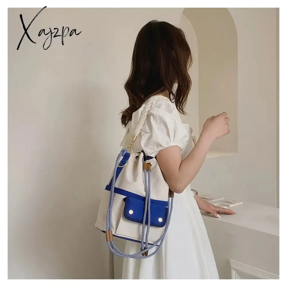 Xajzpa - Women Bag Fashion Shoulder Bag Japanes Style Drawstring Bucket Bag Canvas Lady Handbag Messenger Bag Causal Crossbody Pack Retro