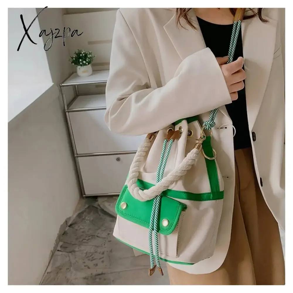 Xajzpa - Women Bag Fashion Shoulder Bag Japanes Style Drawstring Bucket Bag Canvas Lady Handbag Messenger Bag Causal Crossbody Pack Retro