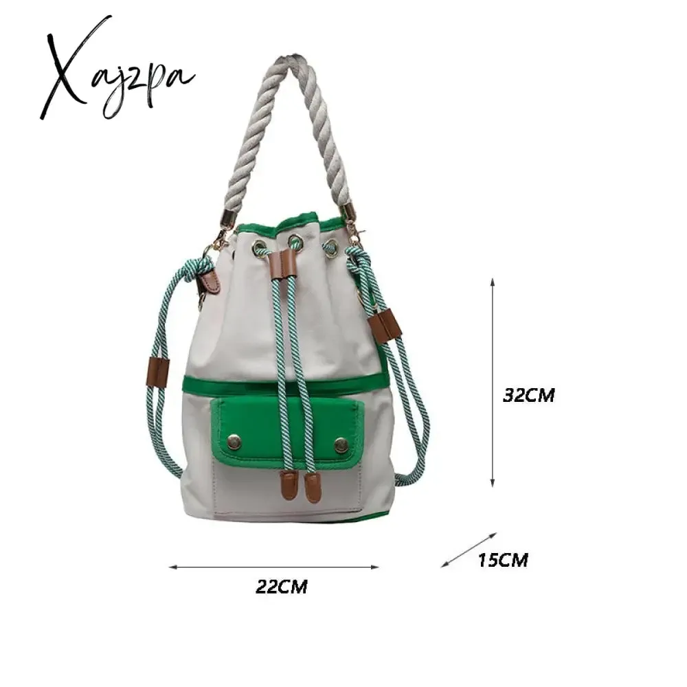 Xajzpa - Women Bag Fashion Shoulder Bag Japanes Style Drawstring Bucket Bag Canvas Lady Handbag Messenger Bag Causal Crossbody Pack Retro