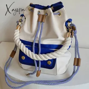 Xajzpa - Women Bag Fashion Shoulder Bag Japanes Style Drawstring Bucket Bag Canvas Lady Handbag Messenger Bag Causal Crossbody Pack Retro